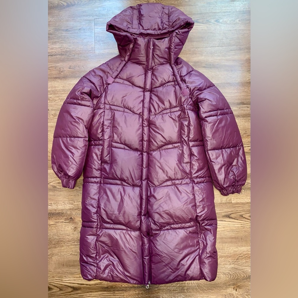 NEW OVERSIZED PUFFER COAT PURPLE LONG TWO WAY ZIP POCKETS HOODED MEDIUM WOMENS